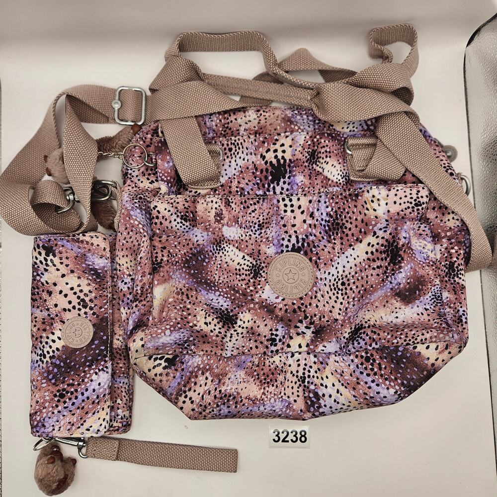 KIPLING PINK PURPLE ANIMAL PRINT DIAPER BAG + MATCHING WALLET LOT